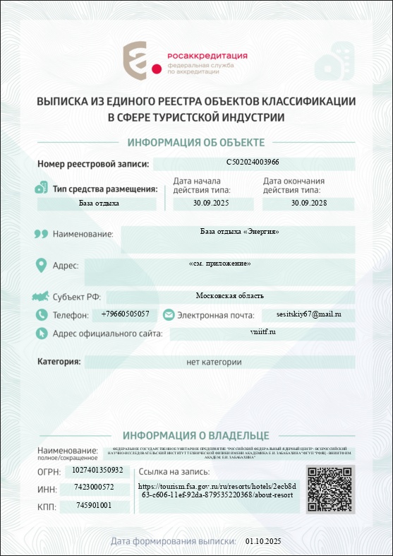 Выписка из единого реестра объектов классификации в сфере туристской индустрии